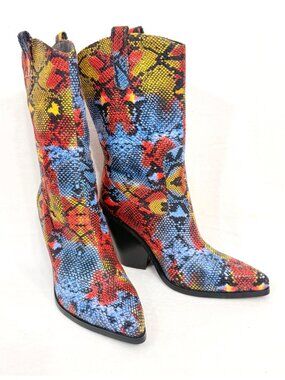 Azalea Wang Multicolor Snake Print Western Style Boots Chunky Heel Size 7